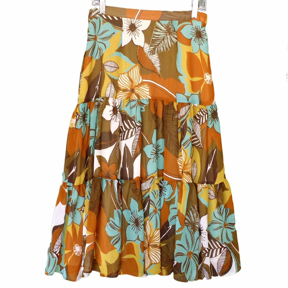 Nicole Miller Tiered Chiffon Peasant Skirt 6 Floral Midi Boho Prairie Y2K VTG